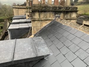 Lead work on dormer window and new slate tiles in Bath
